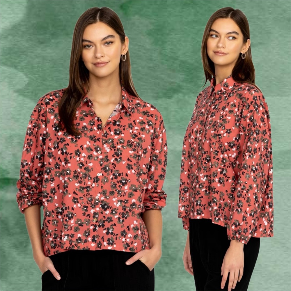 calme x johnny was • high low button shirt in pale blush orchid floral m